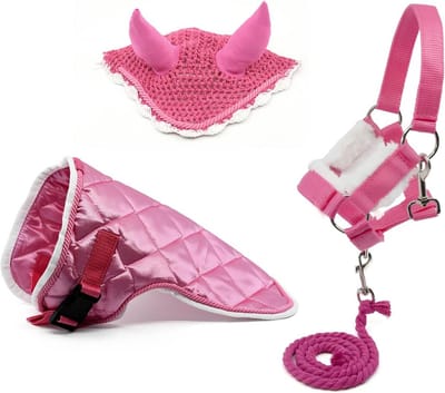 Roze paarden set - Accessoires voor paard - Hobby paardrijden - Met vliegenmuts - 45 x 20 x 25 cm
