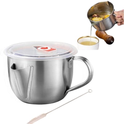 1 set - Roestvrijstalen oliefilterpot - Voedselveilig met deksel en handvat - Oliebewaarpot - Vetseparator - 13,8*10 cm - Voor koken, oliecontrole, filtratie en opslag in de thuiskeuken - Zilver