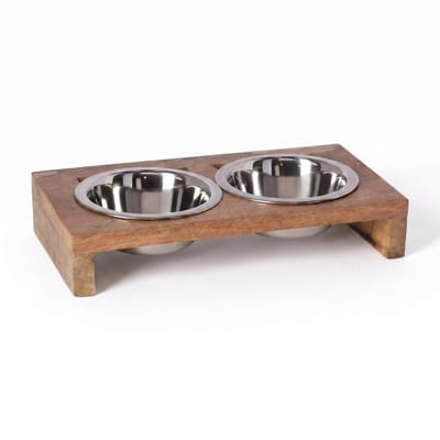 Dubbele Kattenvoerbak Mangohout – 2x 250 ml RVS Bakken – Luxe Voer- & Drinkbak voor Katten – Houten Dinerset