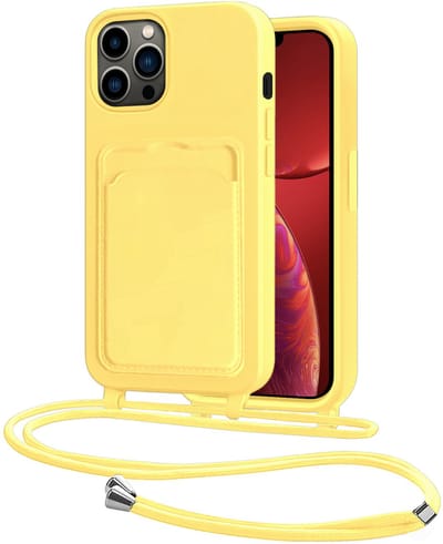Hoes Geschikt voor iPhone 13 Pro Hoesje Pasjeshouder Cover Met Koord Case Siliconen Hoes Met Telefoonkoord en Kaarthouder - Geel