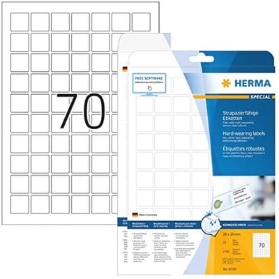 Weerbestendige folielabels A4 (24 x 24 mm, 25 vellen, zelfklevend, bedrukbaar) - 1.750 duurzame etiketten voor printer, wit