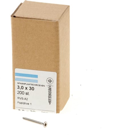 Hoenderdaal Spaanplaatschroef RVS platverzonken kop PZ1 voldraad 3.0X30 (per 200 stuks)