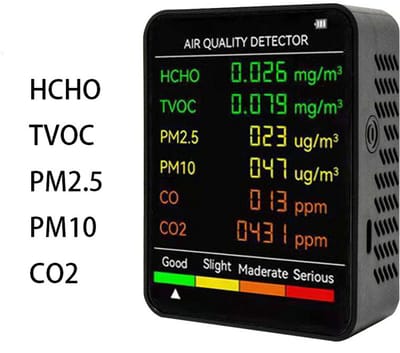 Luchtkwaliteitsmonitor - 6 functies - Detecteert PM2.5, PM10, HCHO, TVOC, CO, CO2 - Geschikt voor het monitoren van de binnenlucht, het testen van kantoorruimtes, het inspecteren van de lucht in auto's en het monitoren van de buitenomgeving - zwart