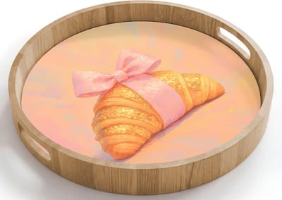 Dienblad rond 40x40 cm - Schootdienblad hout - Croissant - Strik - Roze - Borrelplank rechthoek - Plateau houten dienbladen