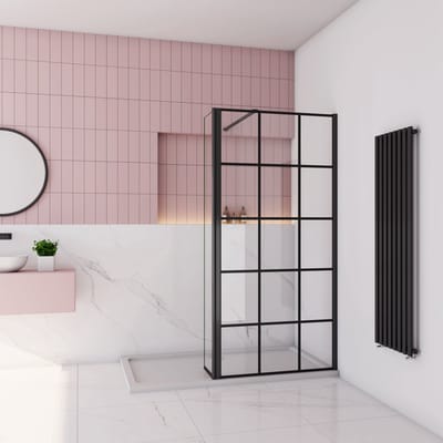 Inloopdouche 80x200 cm met mat Zwart kader en raster,8mm NANO EasyClean veiligheidsglas,stabilisatiestang 90cm,draaibaar hoekprofiel 30x200cm