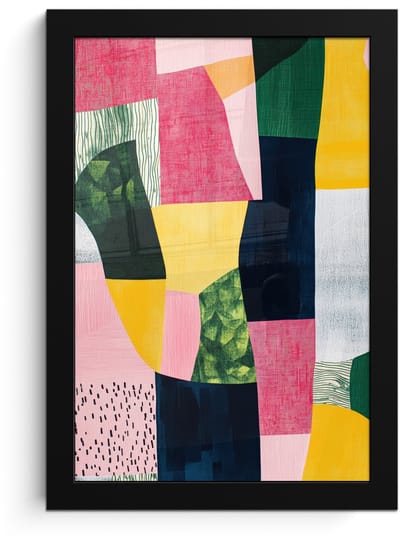 Poster in lijst - Fotolijst 20x30 cm - Posters - Abstract - Roze - Lappen - Vormen - Geel - Posterlijst zwart - Decoratie - Wanddecoratie woonkamer - Muurdecoratie slaapkamer