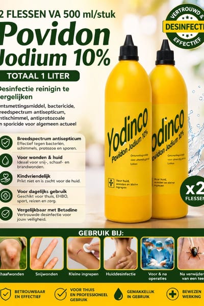 JODIUM 2 FLESSEN VAN 500 ML/FLES POVIDON JODIUM. DESINFECTIE REINIGING, ONTSMETTINGSMIDDEL, BACTERICIDE, BREEDSPECTRUM ANTISEPTICUM, ANTISCHIMMEL, ANTIPROTOZOALE EN SPORICIDE.