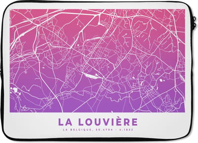 Laptophoes 14 inch - Stadskaart - La Louvière - Wallonië - Paars - Laptop sleeve - Binnenmaat 33x23 cm - Zwarte achterkant
