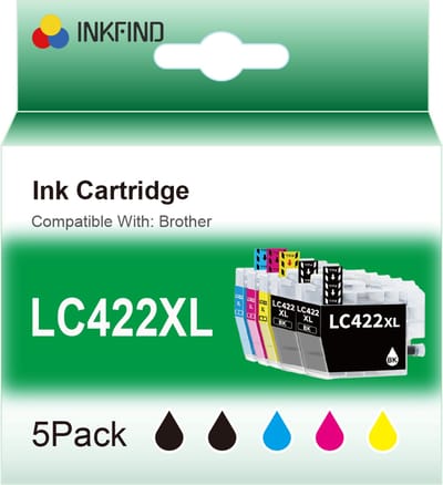 INKFIND LC422XL inktcartridge Geschikt voor BrotherLC422 Brother LC422 LC422XL Brother LC-422 Brother LC-422XL multipack 5 stuks (2 x zwart 1 x cyaan 1 x magenta 1 x geel) voor Brother MFC-J5340DW MFC-J5345DW MFC-J5740DW MFC-J6540DW MFC-J6940DW