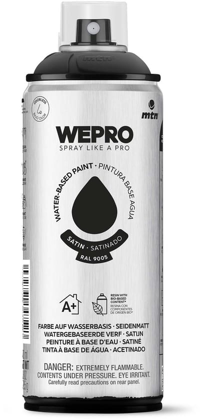 Spuitbus Ral 9005 Zwart Zijdeglans MTN WEPRO WATER-BASED PAINT 400ML ZG RAL 9005 ZWART