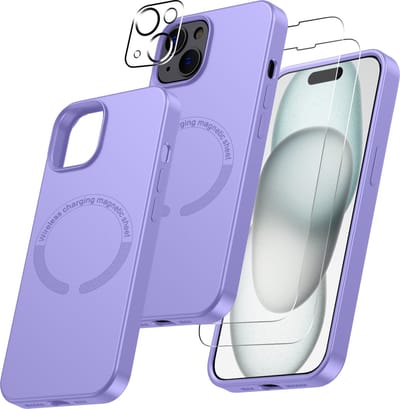 Hoesje Geschikt voor iPhone 15 Plus Magsafe hoes incl 2x gehard glazen screenprotector & 1x cameraLens protector – Lila