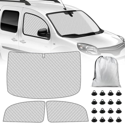 auto voorruit compatibel met Renault Kangoo Second Generation X61 2007-2021, 3 stuks zonwering voorruit beschermingsset, interne thermomat, opvouwbare zonneklep