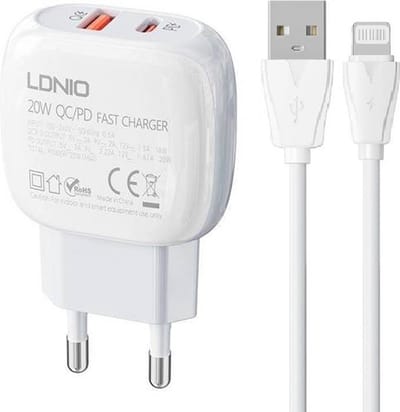 LDNIO - A2313C - Snel opladen - Type-C PD / QC3.0 - Oplader 20W - Inclusief Geschikt voor: Lightning oplaadkabel - Geschikt voor : Apple iPhone - X / Xs / Xs Max / 11 / 12 Pro / 12 Pro Max / 13 / 13 Pro / 13 Pro Max / 14 / 14 Pro / 14 Pro Max