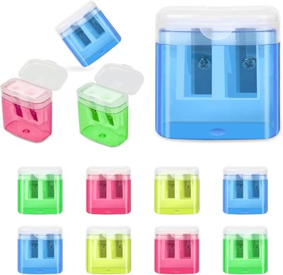 Pencil Sharpener Set - 12 Stuks in 4 Kleuren met Container, Dubbele Gaten en Handmatige Bediening - Ideaal voor Kinderen en Schoolgebruik