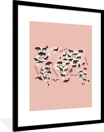 Poster in lijst - Fotolijst 60x80 cm - Posters - Wereldkaart - Dieren - Roze - Posterlijst zwart - Decoratie - Wanddecoratie woonkamer - Muurdecoratie slaapkamer