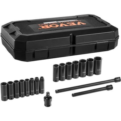 VEVOR 3/8 inch slagdoppenset, 18-delige diepe doppenset, metrisch 8-22 mm, 6-punts CR-V-gelegeerd staal voor autoreparatie, inclusief opbergkoffer, zwart