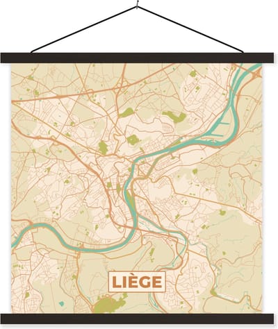 Posterhanger incl. Poster 60x60 cm - Schoolplaat - Kaart - België - Stadskaart - Plattegrond - Liège - Textielposter - Zwarte latten - Stadskaart