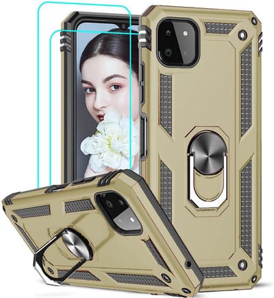 HB Hoesje Geschikt voor Samsung Galaxy A22 5G Goud 2X Glazen Screenprotectors - Anti-Shock Hybrid Armor Back Cover - Hoes met Kickstand Ring