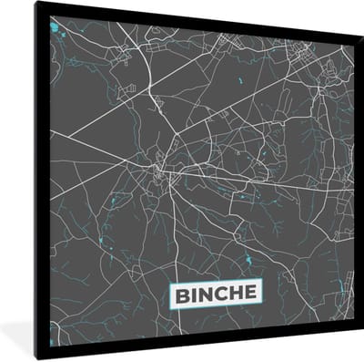 Fotolijst incl. Poster - Plattegrond – Binche – Blauw – Stadskaart - Kaart - 40x40 cm - Posterlijst