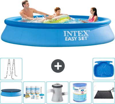 Intex Rond Opblaasbaar Easy Set Zwembad - 305 x 61 cm - Blauw - Inclusief Afdekzeil - Onderhoudspakket - Zwembadfilterpomp - Filter - Solar Mat - Ladder - Voetenbad - 8-delig