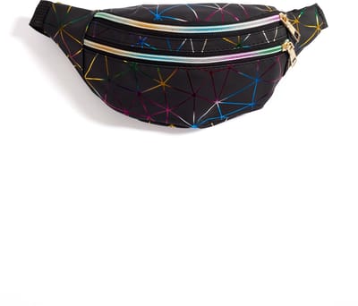 KIMU® Grote Holografische Zwarte Heuptas Regenboog Lijnpatroon - Fanny Pack Met Twee Vakken - Zwarte Band - Tasje Heuptasje Festival