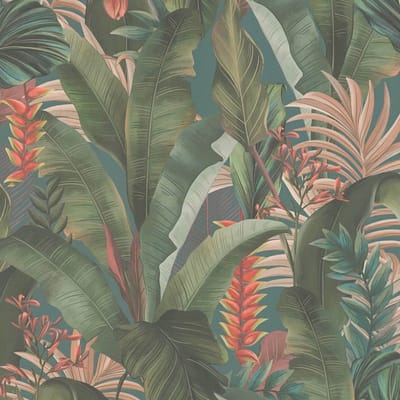 Bloemen behang Profhome 394352-GU vliesbehang hardvinyl warmdruk in reliëf licht gestructureerd in jungle stijl mat blauw petrol groen zalmrood 5,33 m2