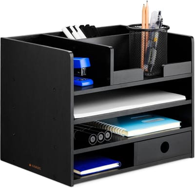 Bamboo Houten Bureau Organizer met Lade - Bureau Organizer voor Kantoorbenodigdheden - 33 x 24 x 26 cm
