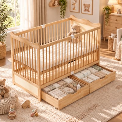 Babybedje - Babybed - ledikant met lade - 4 Hoogtestanden - Met lades - Met Uitvalbeveiliging - 70x140 cm - Massief Grenenhout - Natuurlijke houttint