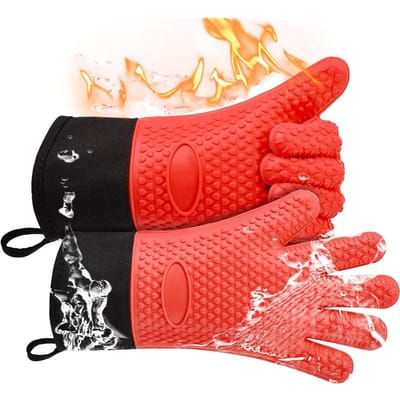 Lange Dikke Siliconen Handschoenen Hittebestendig Antislip Magnetron Ovenwanten Keuken BBQ Bakken Koken Canvas Stiksels Ovenwanten black