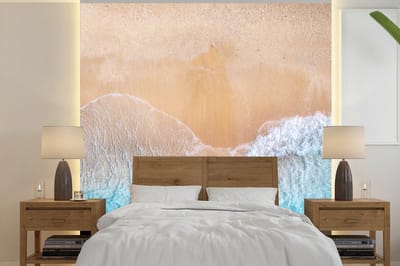 Behang - Fotobehang Strand - Zee - Zand - Zomer - Blauw - Golven - Breedte 350 cm x hoogte 350 cm