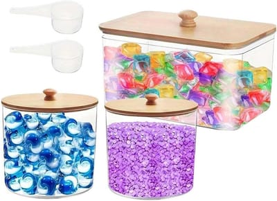 Opslagdoos voor wasmiddel en waspoeder met stickers, houten deksel en lepel; ideaal voor het bewaren van vloeibaar wasmiddel, capsules en poeder.