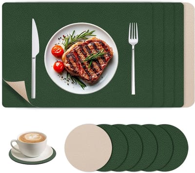 Set of 6 Leather Placemats and Coasters, Washable, Waterproof, Easy to Clean and Heat-resistant, Double-Sided Leather - ShopVlot