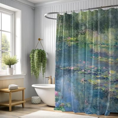 Floraweg douchegordijn, badgordijn, badkamergordijn, volledig bedrukt, vijver, olieverfschilderij, digitale print - schimmelwerend - inclusief 12 ringen - met 12 douchegordijnhaken - waterdicht - wasbaar - polyester - 180 x 200 cm