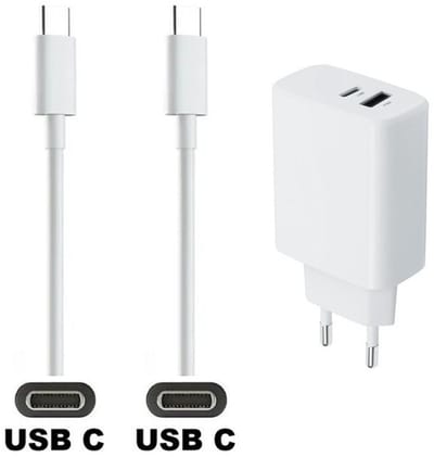 OneOne 25W super snellader met 2 poorten en screenprotector van glas voor iPhone 15 en iPhone 16. Oplader met sterke 0,5m USB C naar C kabel. Krachtige witte PD PPS lader adapter. Screenprotector past op Apple iPhone 15, iPhone 16