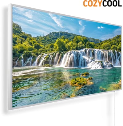 Infraroodpaneel met afbeelding | Waterval in weelderig berglandschap | 1200 Watt | Witte lijst | Infrarood verwarmingspaneel | Infrarood paneel | Infrarood verwarming