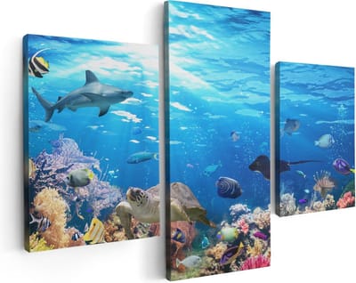 Artaza Canvas Schilderij Drieluik Vissen met Koraalrif Onder Water - 90x60 - Foto Op Canvas - Canvas Print