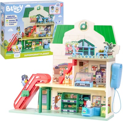 Bluey Grote SPEELSET, interactieve SUPERMARKT, figuren voor kinderen, BEWEEGBARE ELEMENTEN 3+