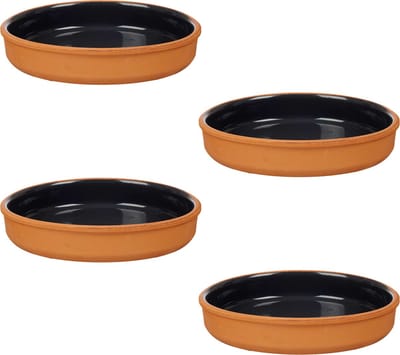 La Dehesa Tapas serveerschaal - 4x stuks - terracotta - zwart - D23 x H4 cm - hapjes serveren - ovenschaal - rond