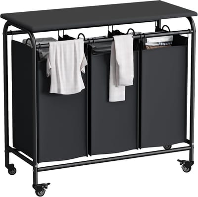 MODFU Wasmand – 80,5×42,4×78,5 cm – 3 uitneembare zakken & 4 zwenkwielen – Ruimtebesparende wasgoed organizer voor badkamer, slaapkamer & wasruimte – Stevig metalen frame – Praktisch & modern