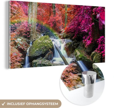 MuchoWow® Glasschilderij 40x20 cm - Schilderij acrylglas - Regenboog - Waterval - Bomen - Stenen - Mos - Foto op glas - Schilderijen