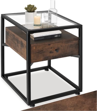 tectake® Bijzettafel met lade en 2 niveaus - Met glazen blad - Nachtkastje in industrieel design - Voor woonkamer, slaapkamer, kantoor, hal - Zwart metalen frame - Afmeting (LxBxH) 43 x 45 x 54,5 cm - Donkerbruin