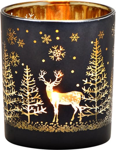 windlicht - waxinelichthouder - Lantaarn winterbosdecor van glas zwart 7cmx8cmx7cm - goud - kerst - rendier - SMAL