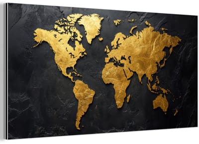 Aluminium schilderij 160x80 cm - Wanddecoratie metaal - Wereldkaart - Goud - Steen - Metalen muurdecoratie woonkamer - Decoratie industrieel - Foto op dibond - Industriële accessoires slaapkamer
