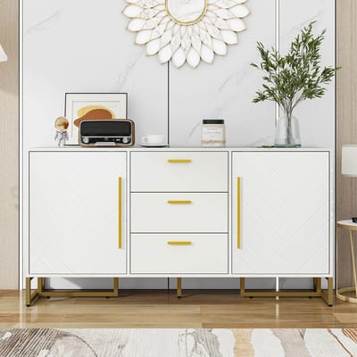 BLACKCOLORS Elegante witte buffetkast met visgraatmotief, met 2 deuren en 3 lades voor de eetkamer, keuken en woonkamer (wit)