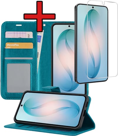 Hoesje - Met Screenprotector - Geschikt voor Samsung Galaxy S26 - Luxe Pasjeshouder - Flipcase - Bookcase Portemonee - Flip Case - Kunstleer Book Case - Book Cover - Walletcase - Portemonneehoes - Telefoonhoes - Turquoise