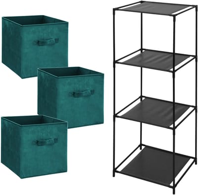 5Five Opbergkastje Smartrack met kastmanden - 3x mandjes van stof - petrol groen - 34 x 98 cm - manden van 29 Liter