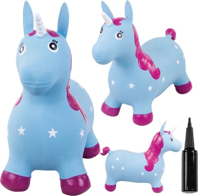 sun baby - Springdier met pomp vanaaf 1 jaar - Eenhoorn - blauw - max 50kg, duurzaam rubber, gecertificeerd, bpa-vrij, springpaard, springhond