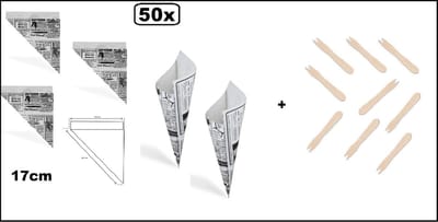 50x Frietzak krant 17cm papier + 50x houten frietvorkje - Festival thema feest evenement friet patat