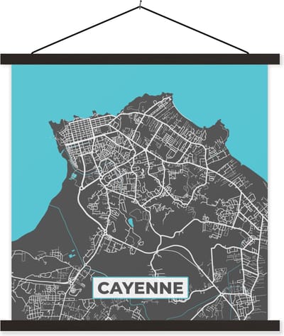 Posterhanger incl. Poster 60x60 cm - Schoolplaat - Cayenne - Frankrijk - Stadskaart - Kaart - Plattegrond - Textielposter - Zwarte latten - Stadskaart