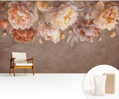 Wallfluent Behang - Bloemige elegantie Muurbehang - 416x254 cm - Bruin Behang - Voor liefhebbers van natuur en botanische kunst - Behang Voor de keuken, woonkamer en kantoor - Wandbekleding Bloemen en planten